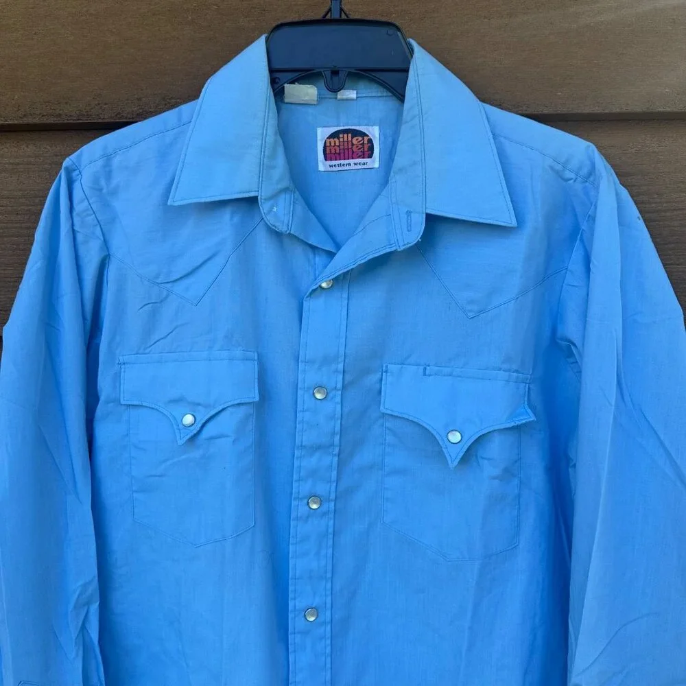 Vintage Miller Miller Miller Western Pearl Snap Button Down Blue Shirt Size 15.5 - Picture 5 of 11